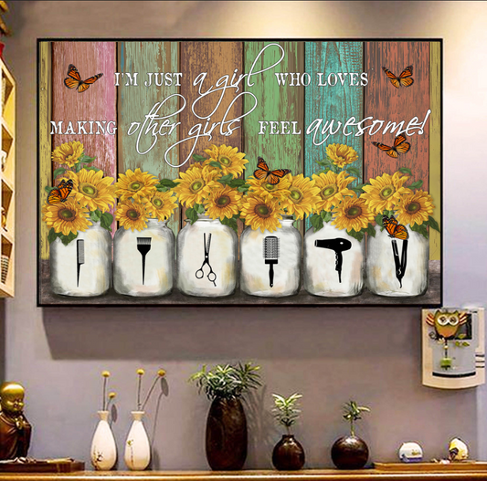 Sunflower & Hair Tools Canvas - Rustic Salon Decor
