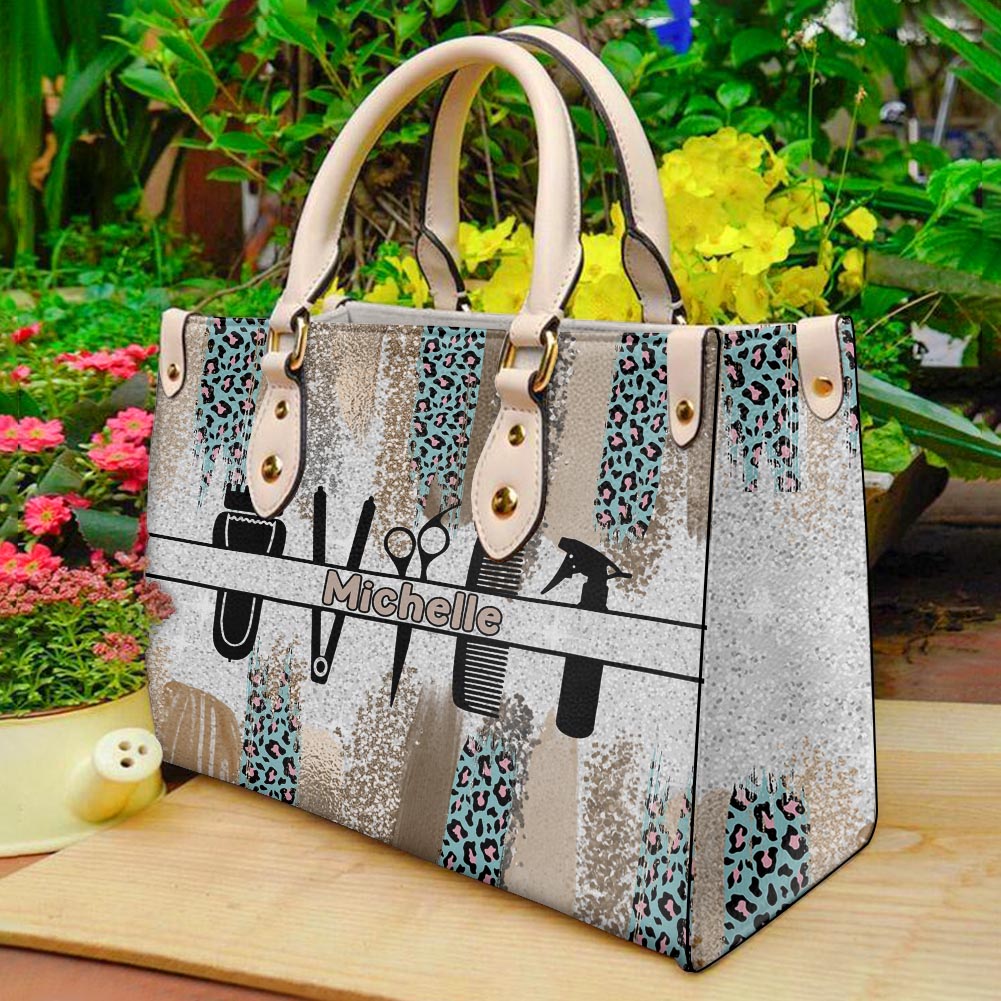Leopard Personalized Leather Handbag for Hairstylists H8
