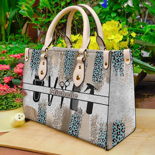 Leopard Personalized Leather Handbag for Hairstylists H8